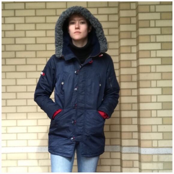 Tommy Hilfiger Vintage Women Blue and Red Quilted Hooded Jacket Size M - Picture 1 of 15